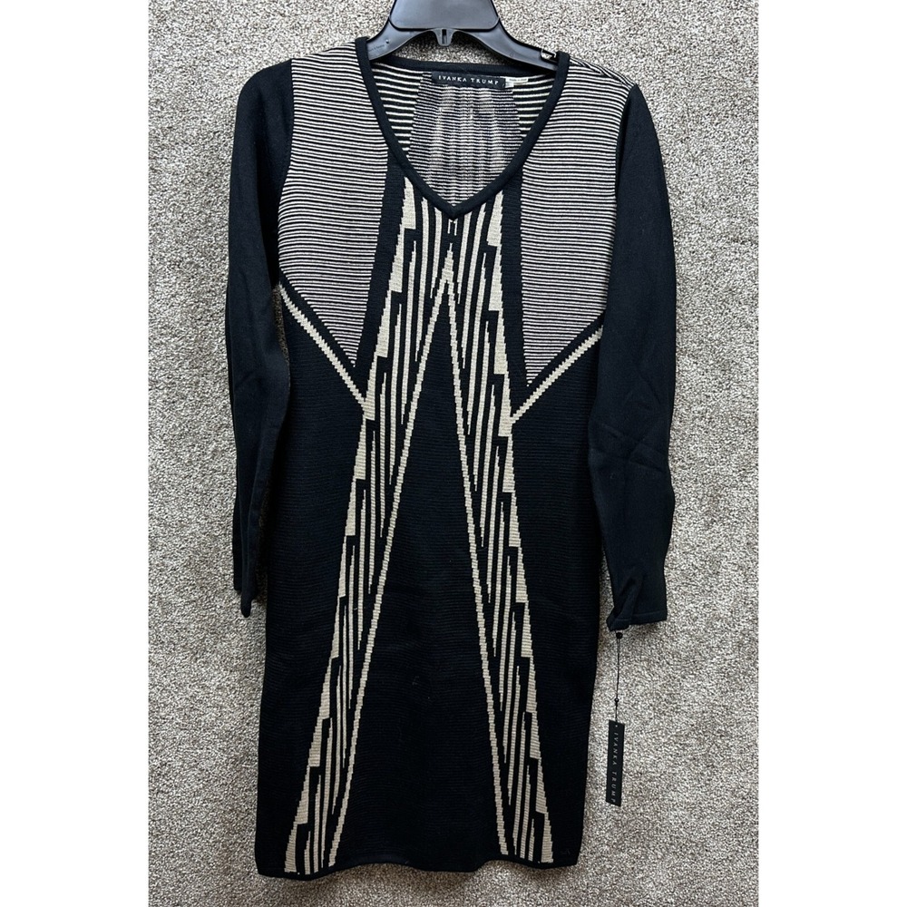 NWT~Ivanka Trump Sweater Stretch Knit Dress ~Small~ Geometric Black/ Champagne